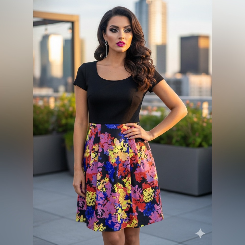 Betsey Johnson Multi-Color Abstract Floral Fit & Flare Dress